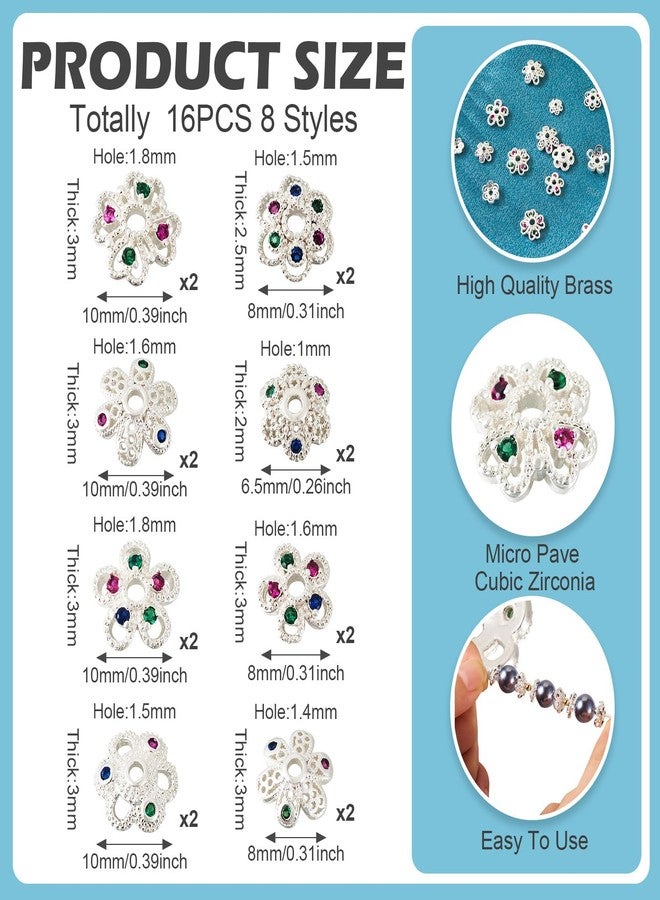 EEE ELECRELIVE Elecrelive 16Pcs Flower Bead Caps Silver Spacer Beads with Cubic Zirconia Stone Flower Cup Shape Bails End Charms for Necklace Bracelet Earring Jewelry Supplies - Image 5